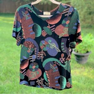 Vintage Jaipur Black Slinky Knit Top 💟🎶🌀🎹 Colorful Abstract All Over Music Print